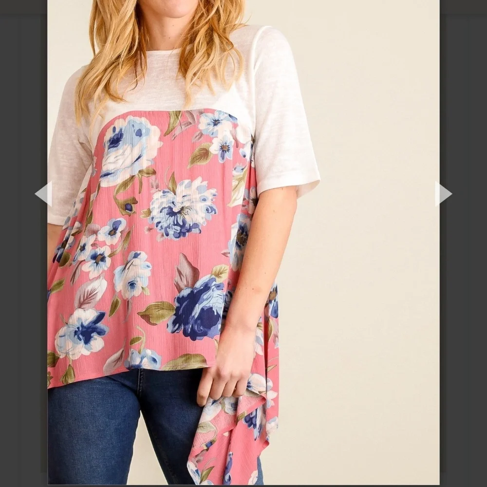 PINK & IVORY FLORAL TOP, L (Runs small & matches purple floral listing - Picture 3 of 7
